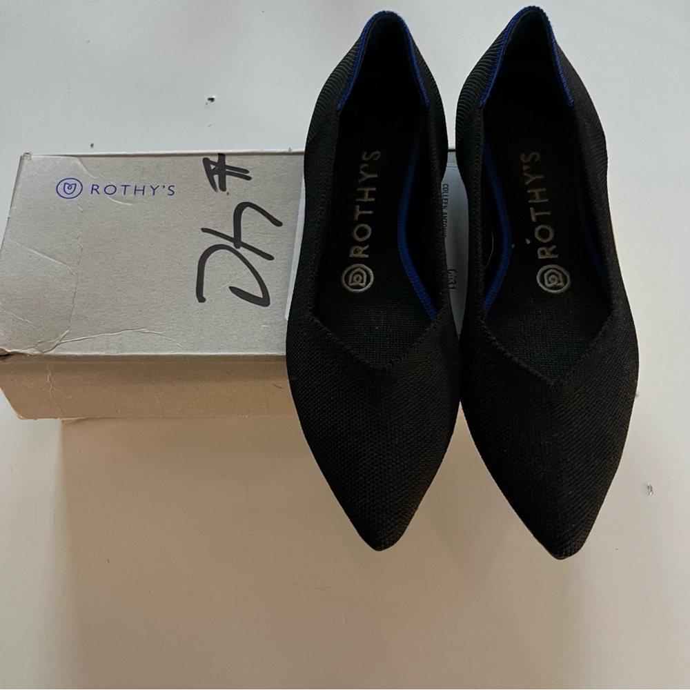 Rothy's Black Pointed Toe Flats with Blue Trim - Picture 7 of 7